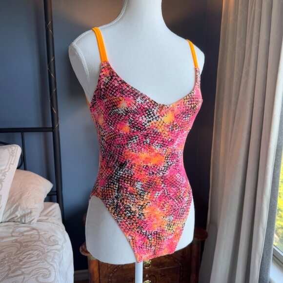 90s Vintage Neon Pink And Orange One Piece Swimsuit and Beach Shorts - Picture 2 of 15